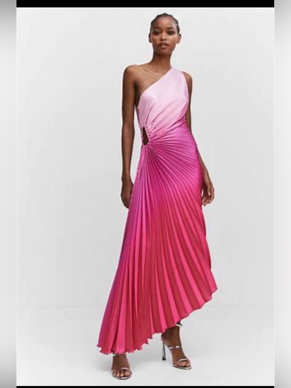 One-Shoulder Pink Ombre Pleated Maxi Dress with hole on the side